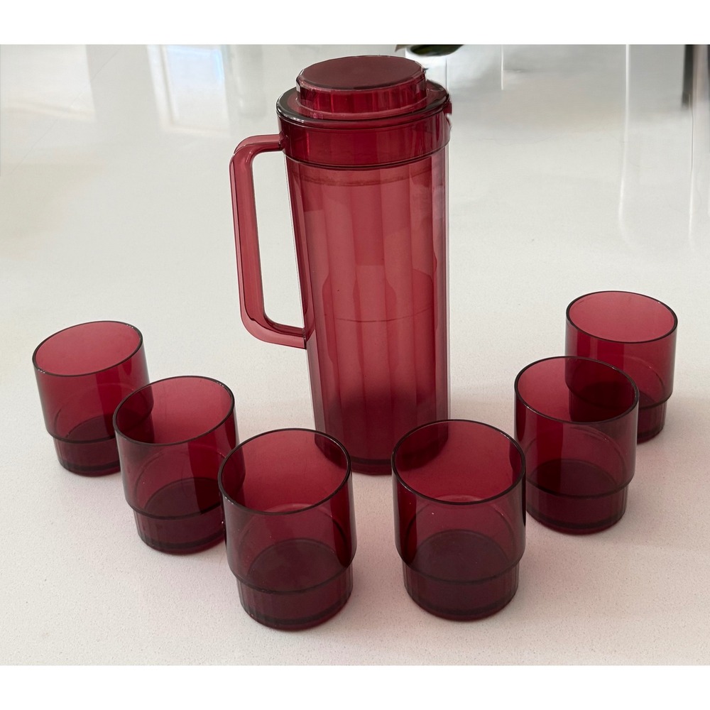 Vtg Tupperware Impressions Ruby Red Pitcher & 6 Stackable 10oz Tumblers‎ Set 7pc